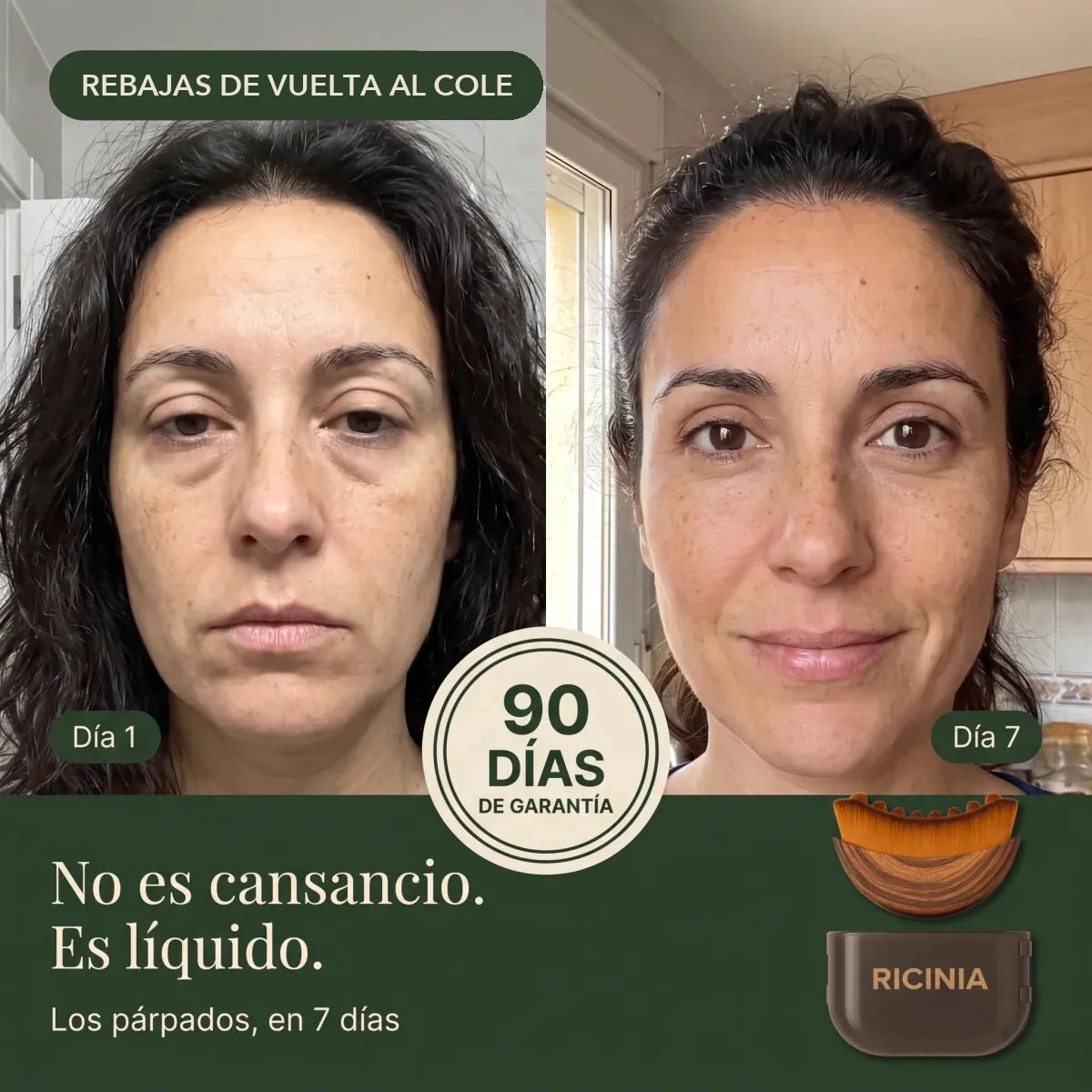Rebajas de vuelta al cole: párpados hinchados el Día 1 y deshinchados el Día 7 con el cepillo Ricinia Contorno