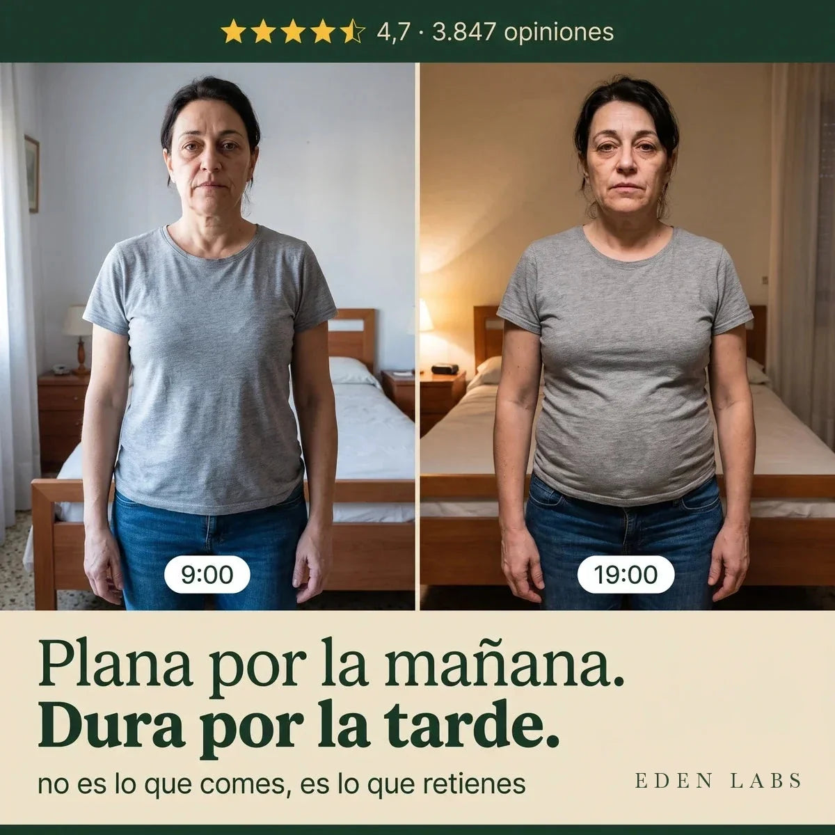 La misma mujer con el mismo vaquero a las nueve de la mañana y a las siete de la tarde